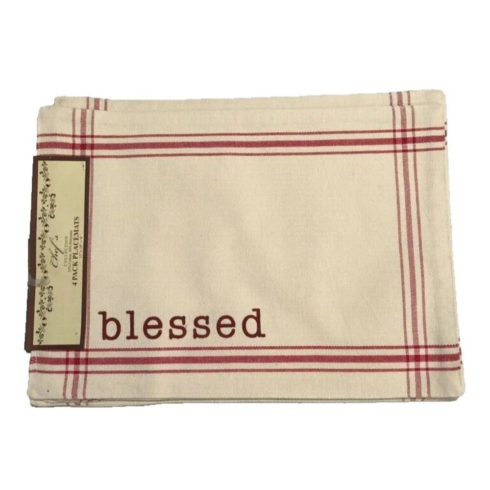 Chef's Collection Blessed Fabric Placemats Set of 4 Ecru Red Machine Wash
